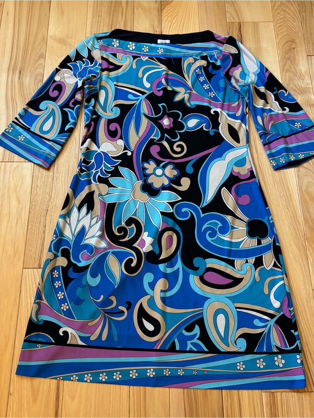 Vintage Y2K Cache Blue Multicolor Floral Boatneck 3/4 Sleeves Dress